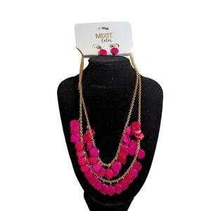 Mixit Gold & Pink Acrylic Bead Necklace Double Layer with Earring Set
